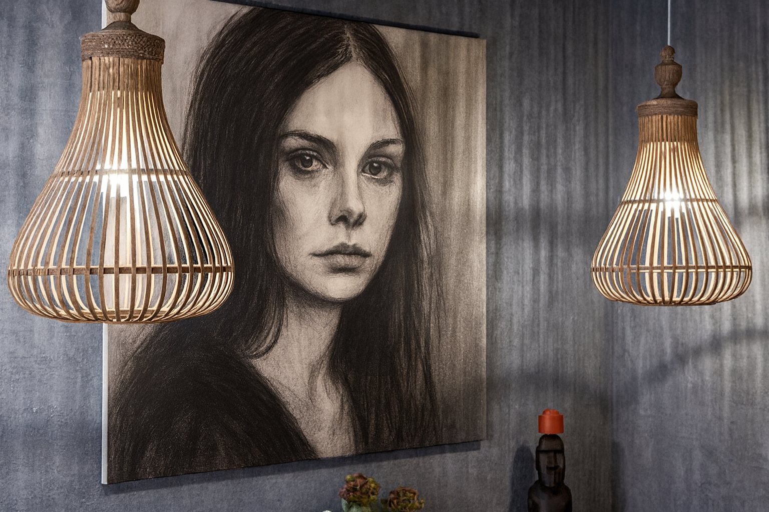 Neo-Noir portrait of young woman hanging on wall