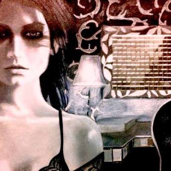 Cinematic portrait art with dramatic motivated light. Atmospheric neo-noir drawing of woman in dressing room.