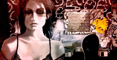 Cinematic portrait art with dramatic motivated light. Atmospheric neo-noir drawing of woman in dressing room.