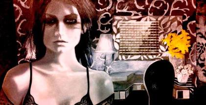 Cinematic portrait art with dramatic motivated light. Atmospheric neo-noir drawing of woman in dressing room.