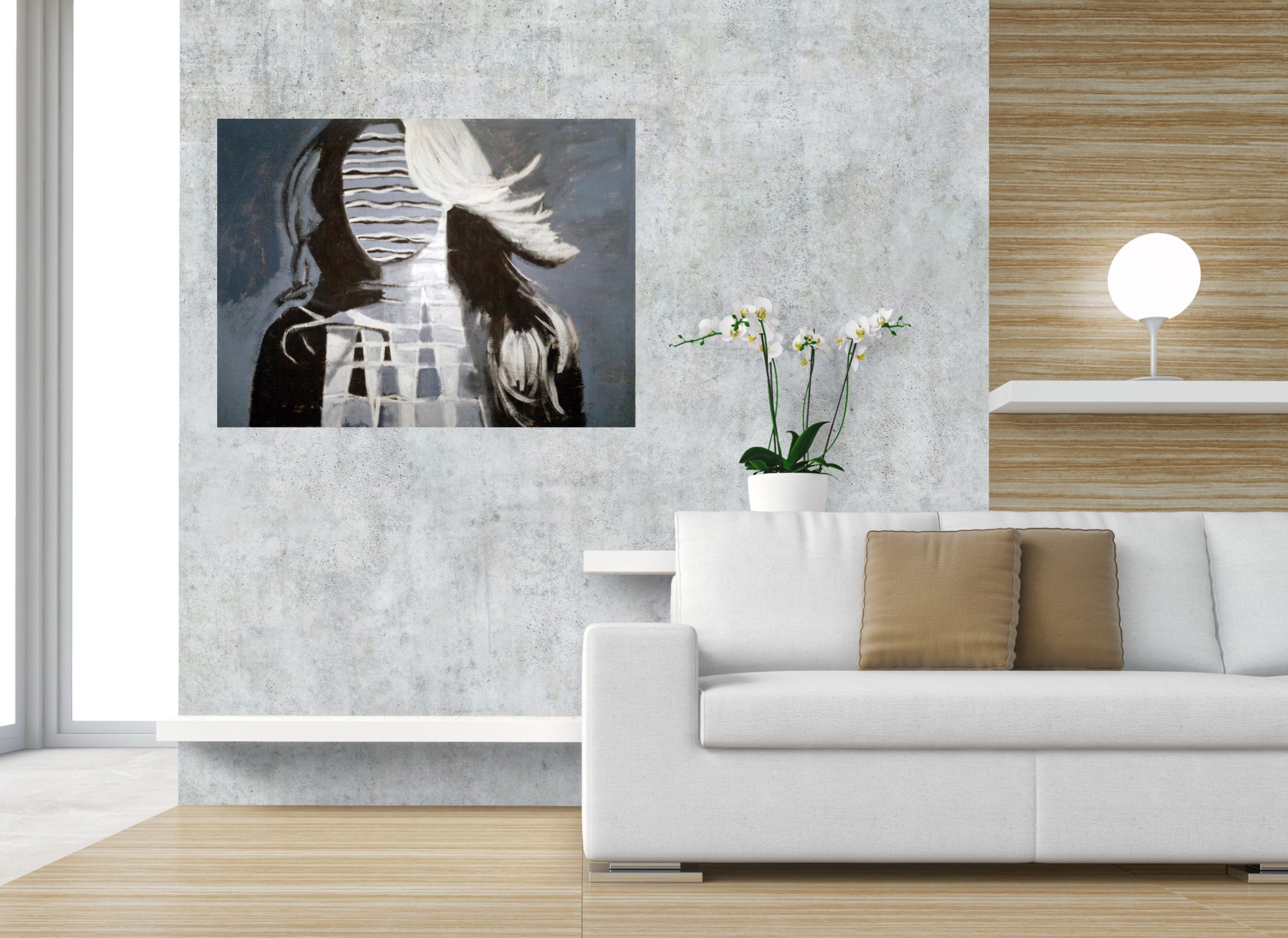 **Alt Image Text:** Painting — monochrome geometric abstraction by Lee Wilde. A stylised female figure rendered in shades of blue, black, and white; the face replaced by horizontal sine‑wave lines, the body structured through a grid pattern. Hair flows dynamically to the right, evoking motion and rhythm within a minimalist, abstract composition.