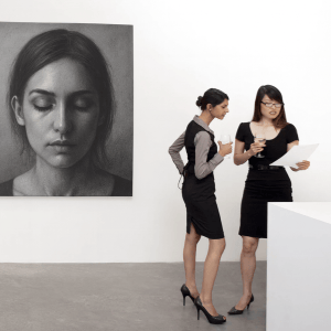 Two female art collectors at an exhibition
