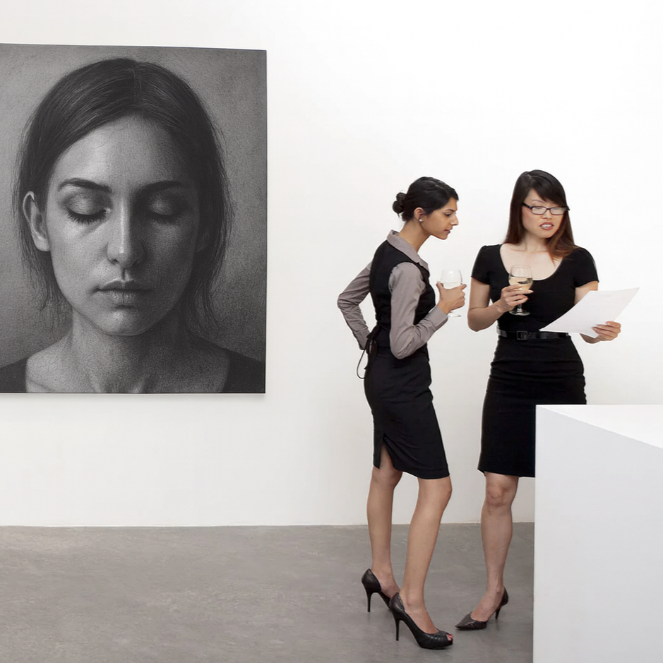 Two female art collectors at an exhibition
