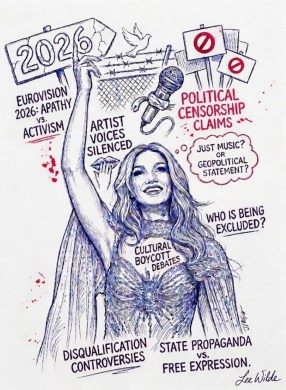 Illustrated commentary on the Eurovision 2026 controversy showing a female performer raising her arm amid symbols of censorship, activism, and cultural debate. Surrounding text highlights issues such as political censorship, artist voices silenced, cultural boycott debates, and state propaganda versus free expression.