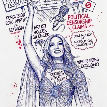 Illustrated commentary on the Eurovision 2026 controversy showing a female performer raising her arm amid symbols of censorship, activism, and cultural debate. Surrounding text highlights issues such as political censorship, artist voices silenced, cultural boycott debates, and state propaganda versus free expression.