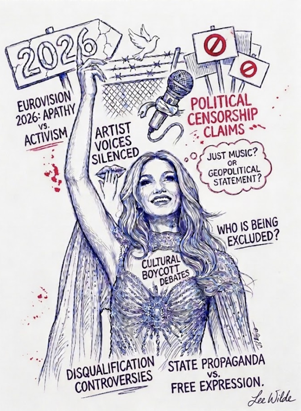Illustrated commentary on the Eurovision 2026 controversy showing a female performer raising her arm amid symbols of censorship, activism, and cultural debate. Surrounding text highlights issues such as political censorship, artist voices silenced, cultural boycott debates, and state propaganda versus free expression.