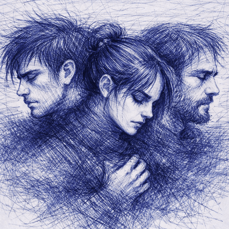 Blue ballpoint pen drawing of three figures in close composition — a woman with her hair tied back between two men facing opposite directions. The cross‑hatched lines create a textured, emotional atmosphere, with the central figure’s hand resting gently on her chest, conveying introspection and connection.