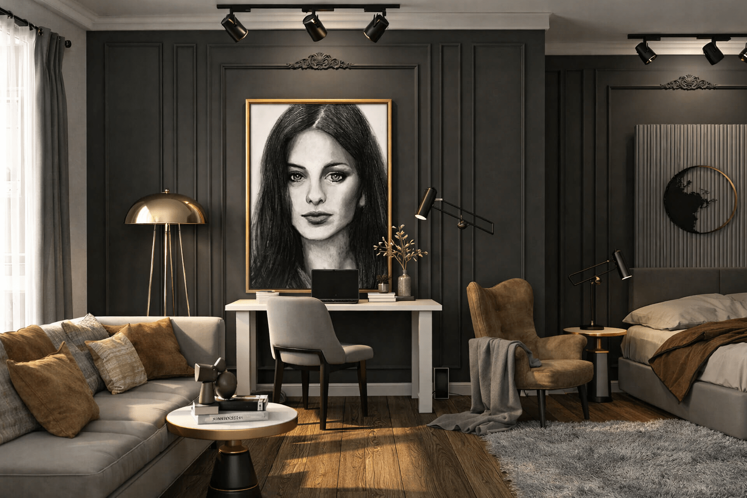 Monochromatic portrait of a young woman with long dark hair displayed in a gold frame on a charcoal‑panelled wall in a modern interior. The soft lighting and subdued palette evoke cinematic stillness and emotional realism in contemporary Australian figurative art.