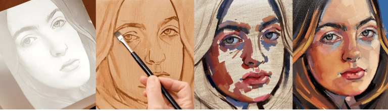Four side‑by‑side progress images showing Jane French’s portrait painting process. The first panel is a pencil sketch of a woman’s face; the second shows a hand applying an underpainting on a brown canvas; the third reveals bold colour blocking in pinks, purples and ochres; and the fourth displays the finished, luminous oil portrait with smooth blending and expressive brushwork.