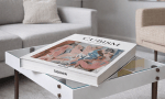 Cubism art book by Anne Ganteführer‑Trier displayed on a modern glass‑topped coffee table in a minimalist living room. The book’s cover shows Picasso’s Les Demoiselles d’Avignon with angular pink and blue figures. A light grey sofa, neutral rug, and soft lighting create a refined, contemporary setting.
