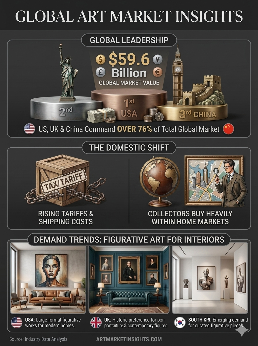 An editorial-style infographic with a charcoal grey background, layout out three core insights from the 2026 global art market report. The first section shows that the top three markets—the United States, United Kingdom, and China—command over 76 percent of the total 59.6 billion dollar global art market. The second section outlines the domestic shift, explaining how rising tariffs and shipping costs compel collectors to buy heavily within their home markets. The third section highlights a surging trend, noting that demand is rising for high-quality figurative art for interiors, specifically within the United States, United Kingdom, and South Korea.