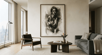 Large scale charcoal portrait on a gallery wall demonstrating contemporary figurative art theory in interior design within a luxury minimalist penthouse living room.