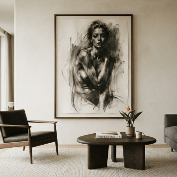 Large scale charcoal portrait on a gallery wall demonstrating contemporary figurative art theory in interior design within a luxury minimalist penthouse living room.