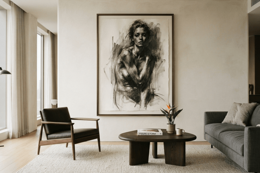 Large scale charcoal portrait on a gallery wall demonstrating contemporary figurative art theory in interior design within a luxury minimalist penthouse living room.