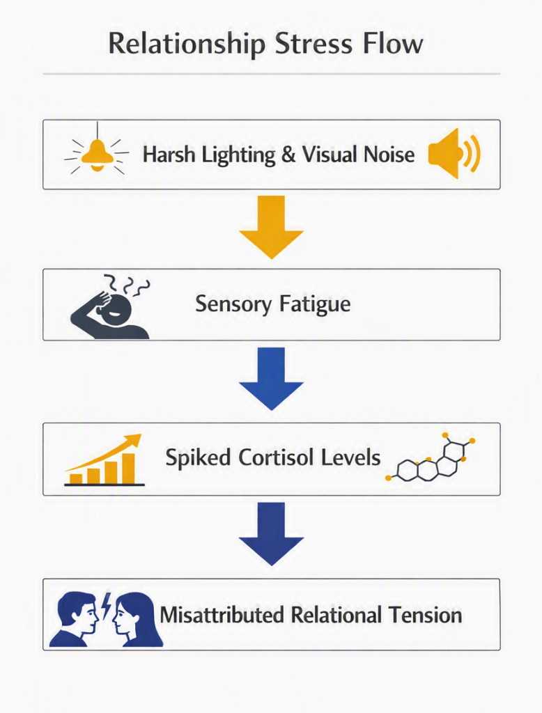 An infographic titled Relationship Stress Flow demonstrating how harsh lighting and visual noise lead to sensory fatigue, spiked cortisol levels, and misattributed relational tension between a couple