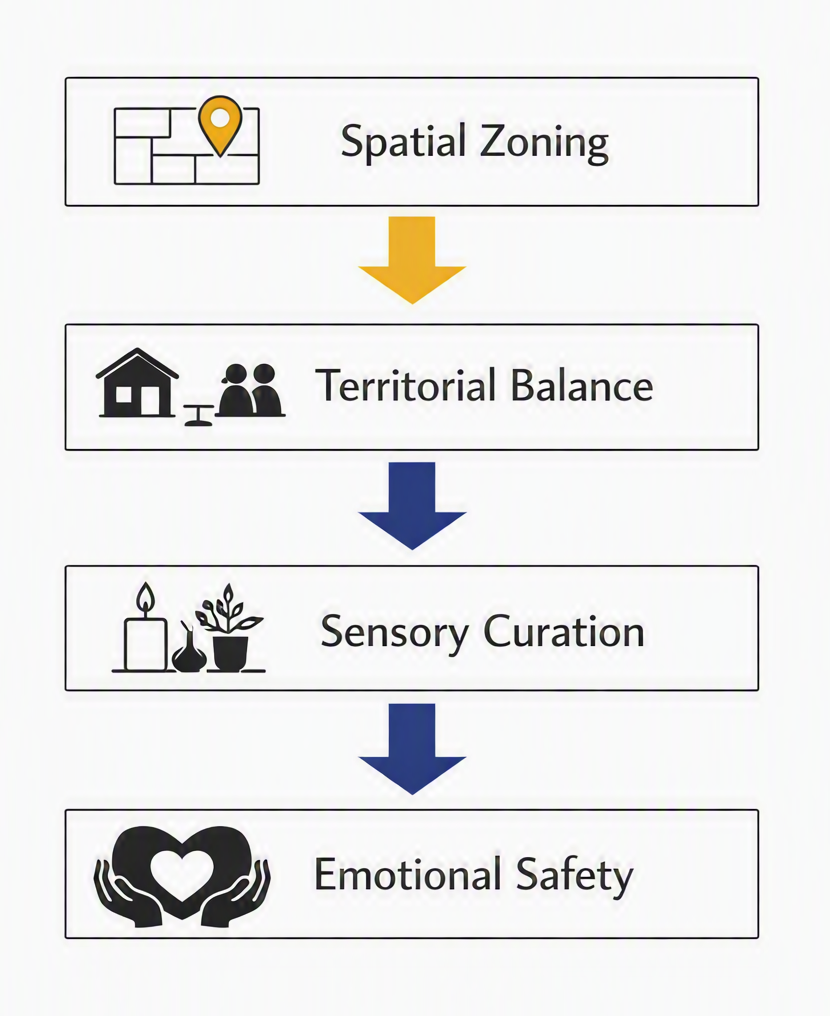 Infographic titled *Core Principles of Relationship‑Focused Design*. Four white boxes with thin black outlines are stacked vertically on a white background, connected by downward arrows that shift from ochre to deep blue. Each box contains a black icon and bold text: 1. *Spatial Zoning* — floor plan icon with a location pin. 2. *Territorial Balance* — house and people balanced on a scale. 3. *Sensory Curation* — candle, plant, and vase icon. 4. *Emotional Safety* — heart held between two hands.