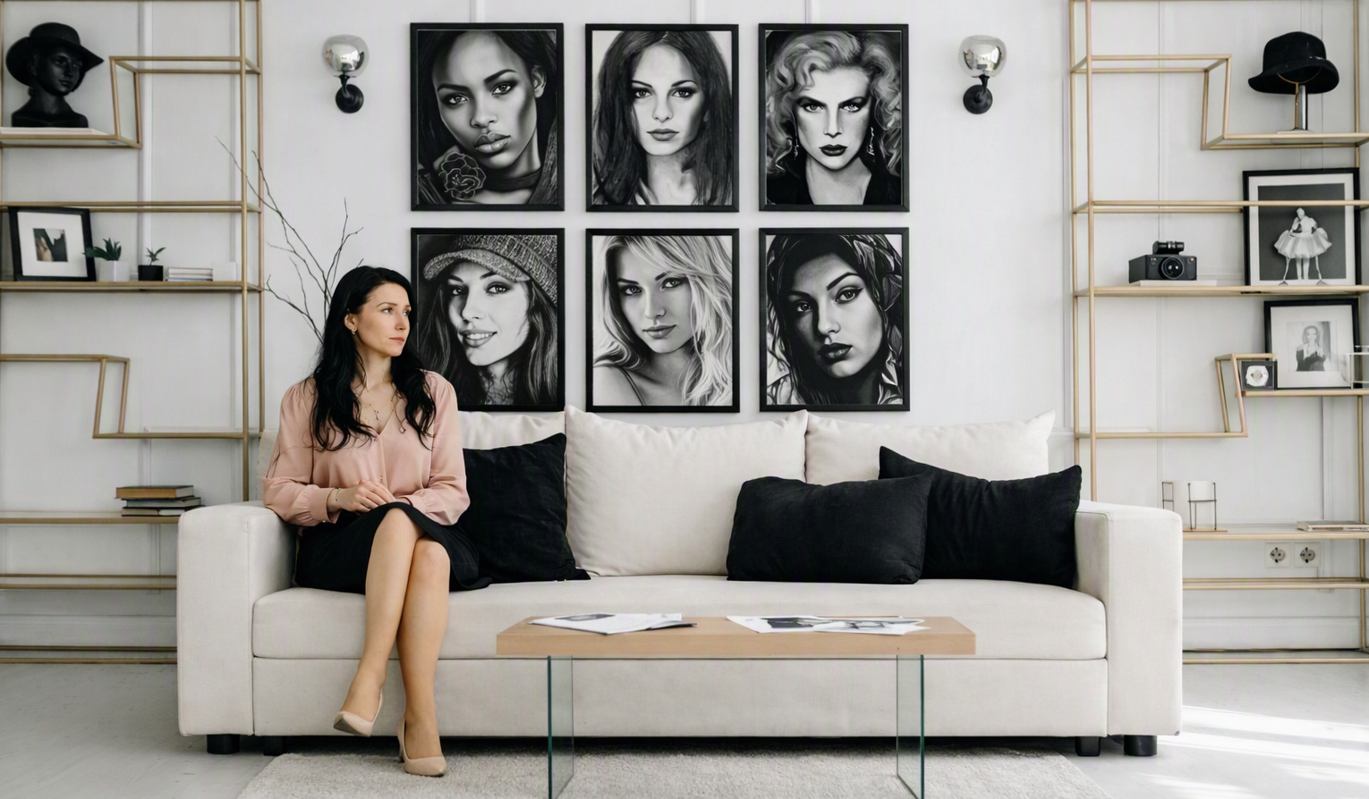 Modern living room with a woman seated on a cream sofa; six framed black‑and‑white figurative portraits hang symmetrically above her, featuring expressive female faces in monochrome tones, adding a bold, artistic focal point to the minimalist interior.